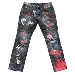 Makobi Men 36x32 Jeans Black Denim Skull Graphic Biker Moto Streetwear